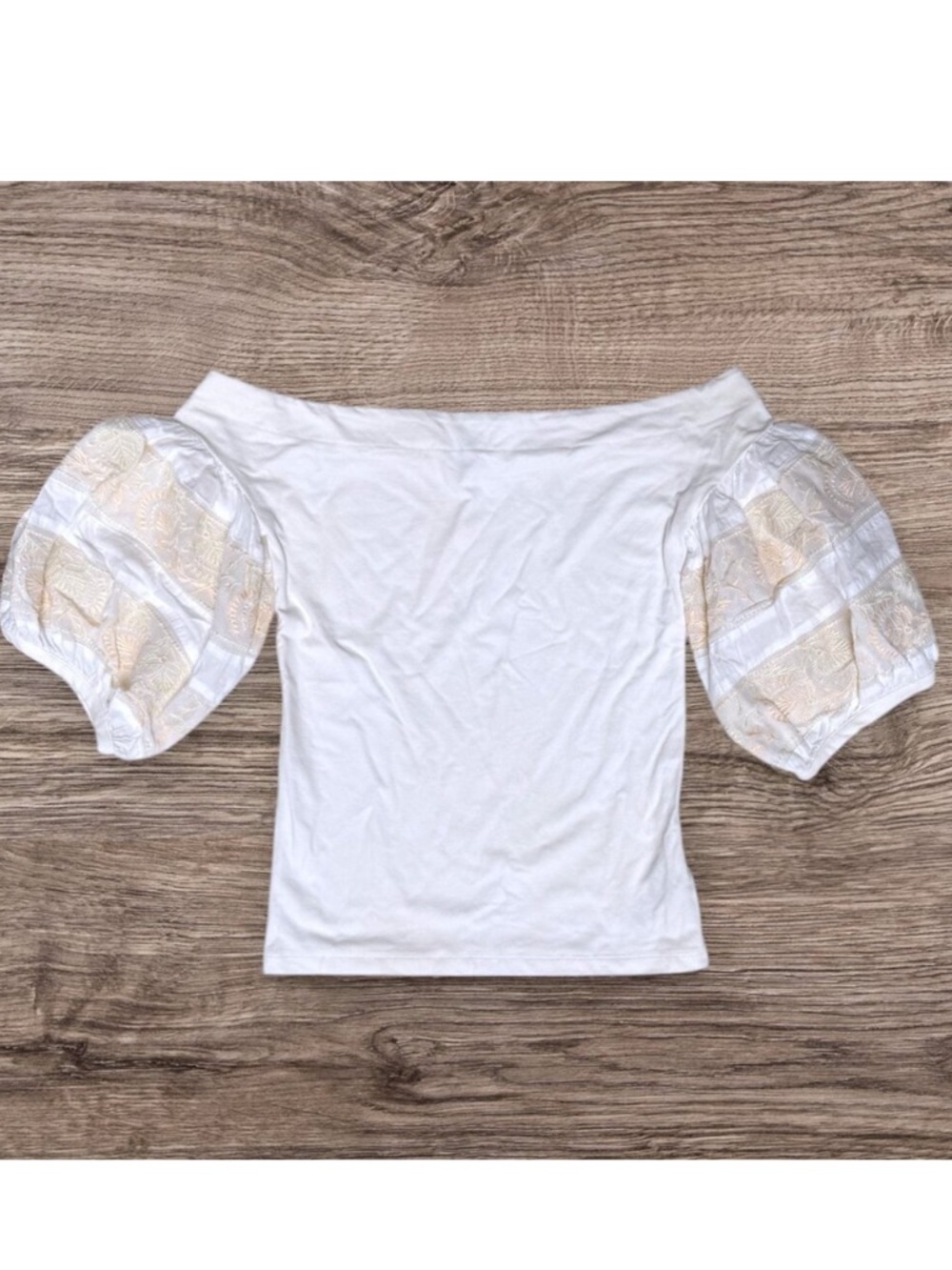 Free People Off-Shoulder White Puff Sleeve Top with Embroidered Insets